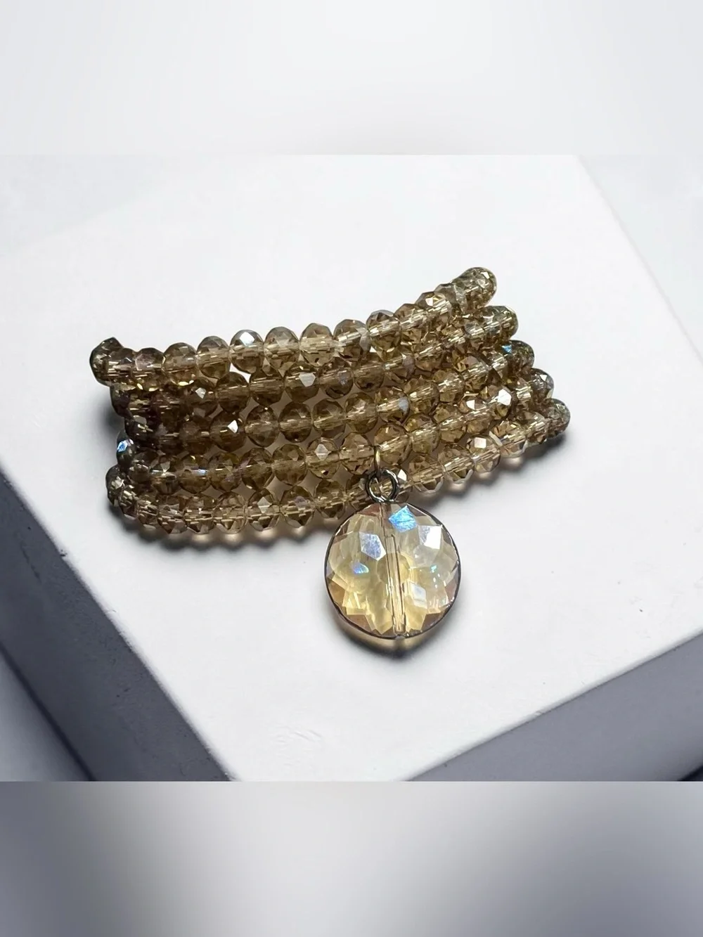 Faceted Smokey crystal 5 Bracelet stack with faceted round Crystal Charm
